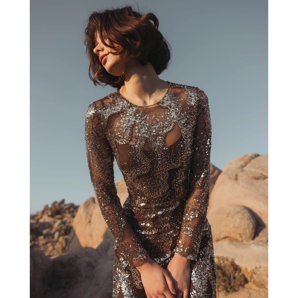 Mac Duggal Brown Embellished Long Sleeve High Neck Evening Gown $698 - Size 12 - Picture 14 of 14